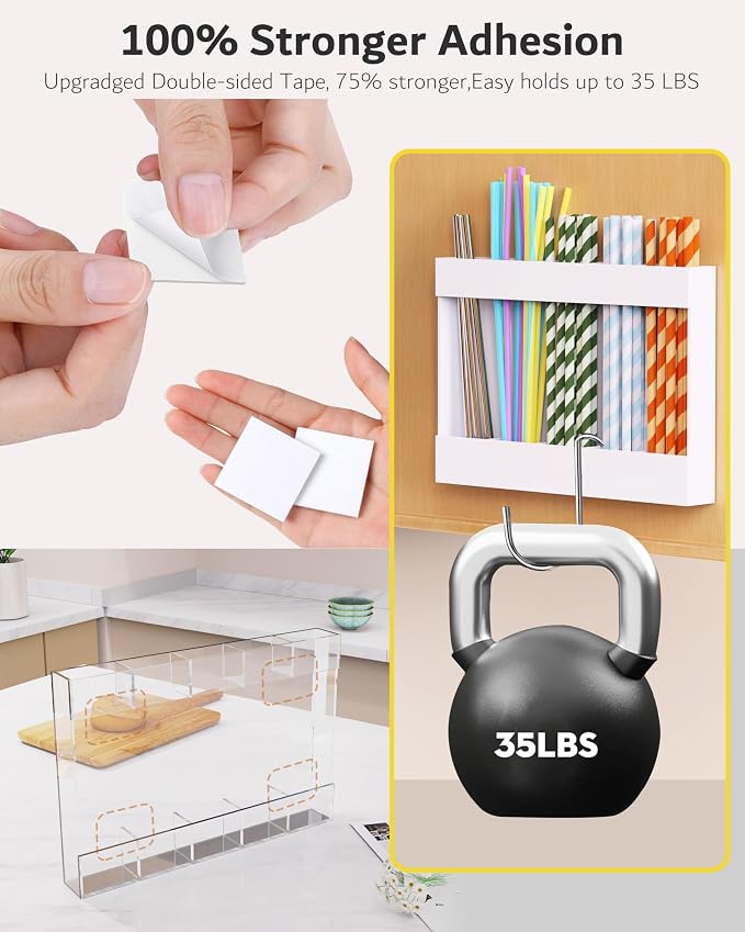 Acrylic Straw Holder & Organizer - Compact, Adhesive Tape Included for Easy Installation - Perfect for Countertops, Cabinets, or Kitchen Storage (White-5 Compartments)