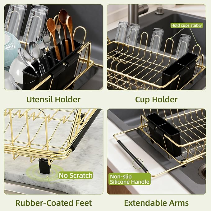 Dish Drying Rack-Large Stainless Steel Dish Drainer Over The Sink for Kitchen Countertop with Utensil Holder and Silicone Drying Mat(Gold, in Sink, 24.2'*13.2')
