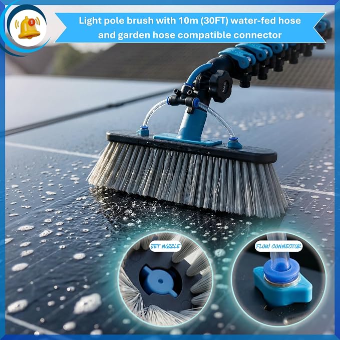 IGAD Solar Panel and Window Cleaning Kit with 18ft Extendable Pole, 2 Water Fed Brushes, 33ft Hose, Blue, 16 Inches, Nylon, Aluminum