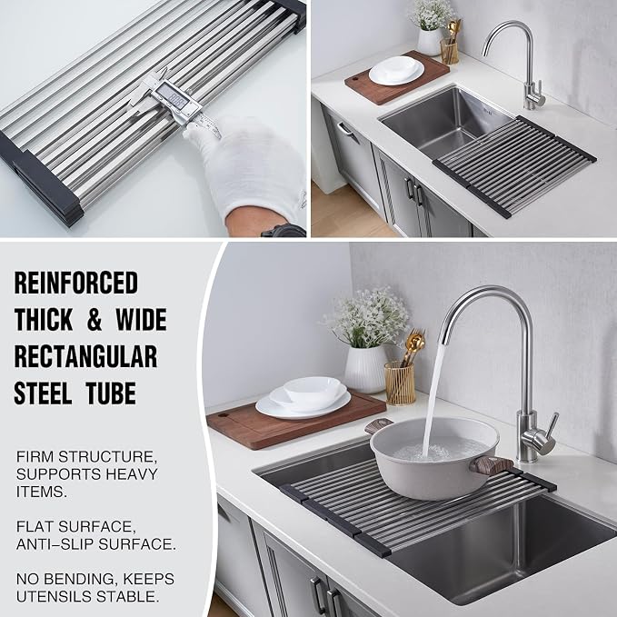 Foldable Over Sink Dish Drying Rack, 304 Stainless Steel Kitchen Drain Rack for Tableware, Detachable Silicone Edge, Rectangular Tubing (Brushed Nickel, 4 Fold 17.72" x 15.36")