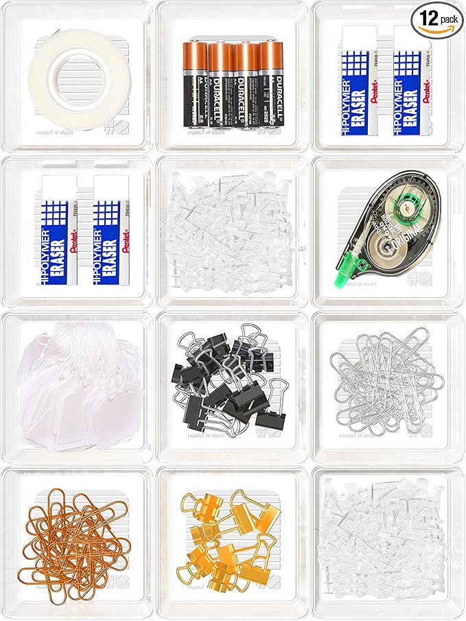 Simple Houseware Clear Desk Drawer Organizer, 3.25"x 3.25", 12 Packs | For Desk, Office, Bathroom, Makeup, and Craft Storage