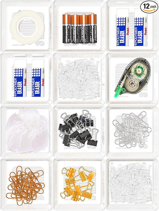 Simple Houseware Clear Desk Drawer Organizer, 3.25"x 3.25", 12 Packs | For Desk, Office, Bathroom, Makeup, and Craft Storage