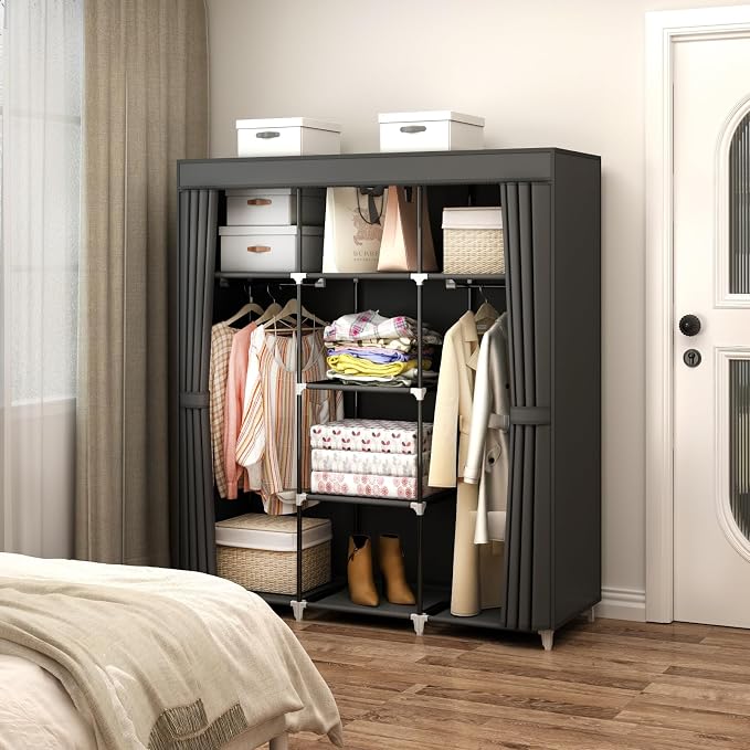 51" Portable Wardrobe Closet, Clothes Organizer, 8 Shelves 2 Rods, Black