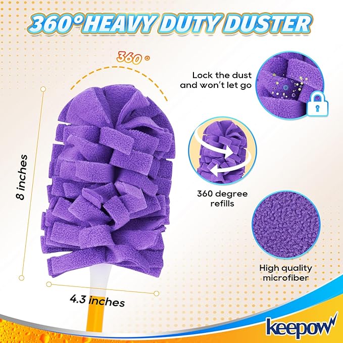 KEEPOW 4 Pack Reusable Duster Refill Compatible with Swiffer Hand Duster | Heavy Duty 360 Degree Fleece Duster Refills for Cleaning, Ceiling Fans & Home, Washable Refill Heads (Handle Not Included)