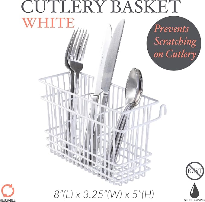 Kitchen Details Cutlery Basket | Hanging | Attach to Standard Dish Drying Rack | Utensil Caddy | Vinyl Coated | 3 Compartment | White