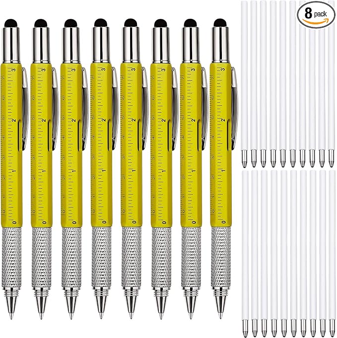 Zhanmai 8 Pcs 6 in 1 Multitool Pen Bulk Gift for Men Multi Tool Ballpoint Pen with Ruler Level Screwdriver Stylus Cool 20 Ink Refill Tool Gadget Birthday Christmas Stocking Stuffers for Adult (Yellow)