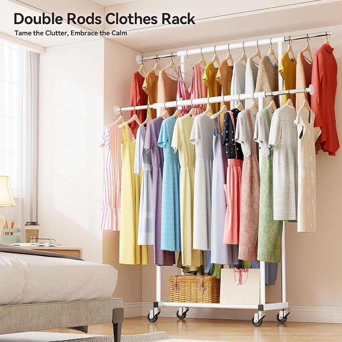 SUFAUY Commercial 80" H Clothes Rack for Hanging Dresses, Extend 50“L Double Rolling Garment Rack on Lockable wheels with Adjustable Rod and Storage Shelves, Load 350 LBS, White