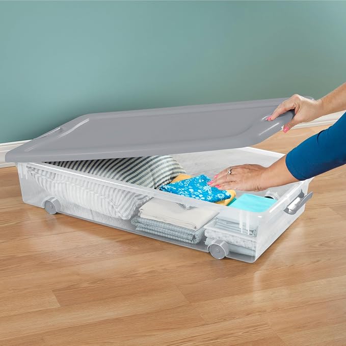 Sterilite 8-Pack Wheeled Latching Box, Under Bed Storage Containers, 56 Qt, Silver - Stackable Plastic Organizer Bins with Lids for Clothes, Shoes, Craft, and Bedroom Organization