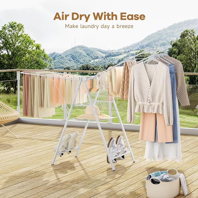 APEXCHASER 6 Height Adjustable Clothes Drying Rack with Shoe Slots, White | Pre-Assembled, Stable Load Structure, 22 Drying Rails, Foldable Space-Saving For Efficient Indoor & Outdoor Airflow Drying