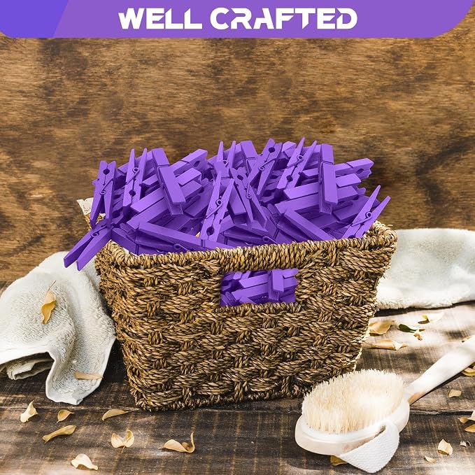 100 Pcs Purple Clothes pins - 2.9 Inch Wooden Clothespins Cheer Clips | Vibrant for Crafts Classroom Decorations Clothing Pictures Laundry Solid Wood No Splinters Fade‑Proof