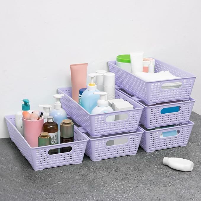 Tiawudi Stackable Woven Plastic Basket, Storage Bins for Cabinet, Closet, Shelf, Under Sink and Countertop, Pantry Organizer Bins, 6 Pack