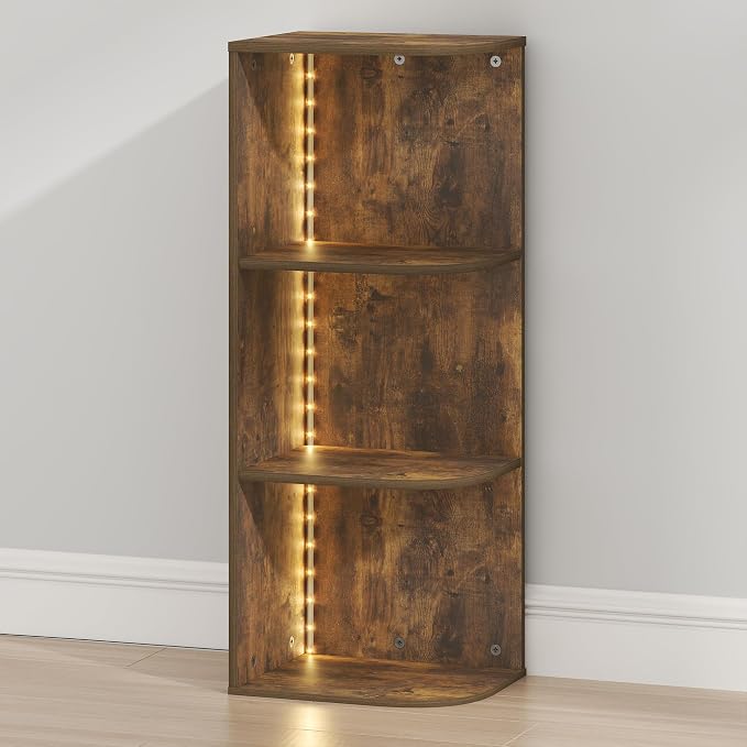 Furinno PASIR Corner Closet Organizer with LED Lights, 3-Tier, Amber Pine | 9.3 x 12 x 31.5, LED Closet Organizers and Storage, Open Shelves Closet Storage for Wardrobe, Bedroom, Entryway