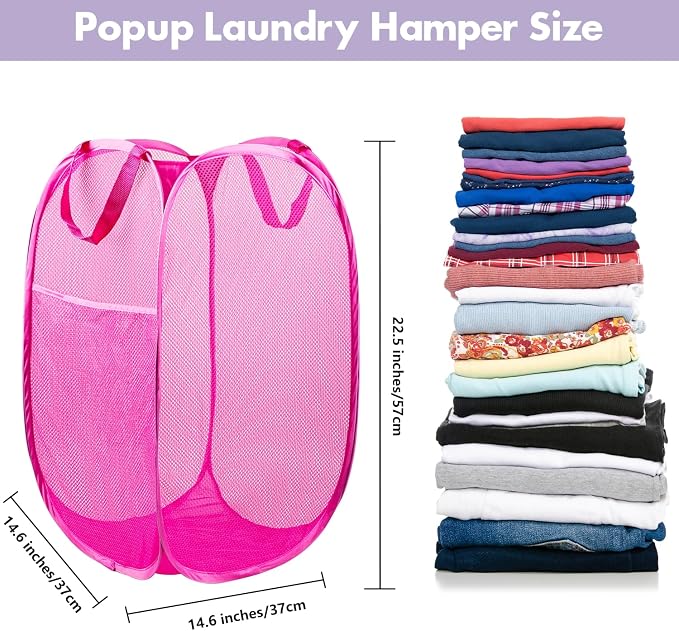 DUCOO Pop Up Laundry Hamper, 70L Collapsible Mesh Laundry Basket with Side Pocket, Foldable Dirty Clothes Hamper with Sturdy Reinforced Handles for Home Dorm Bedroom Travel Storage, Pink, 2Pack