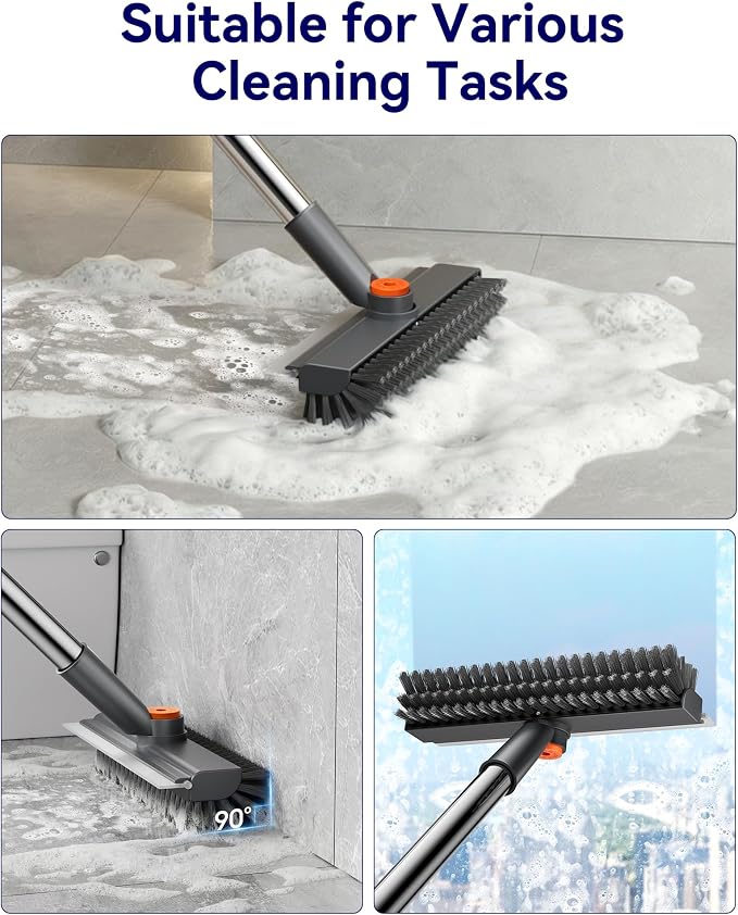 Small Floor Scrub Brush with Length Adjustable Long Handle, 3 in 1 Heavy-Duty Stiff Bristle Scrubber Brush with Squeegee and Tweezer for Cleaning Bathroom, Tile, Deck, Patio, Garage and Kitchen