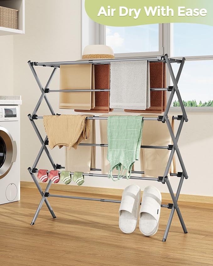 APEXCHASER 3-Tier Foldable Clothes Drying Rack, 37.6" H, Grey/Black | Rust-resistant Metal, Tool-free Assembly, Extendable Drying Hanger, Fold Flat to Easy Storage, 11.8" D x 35" W, Holds 24lbs
