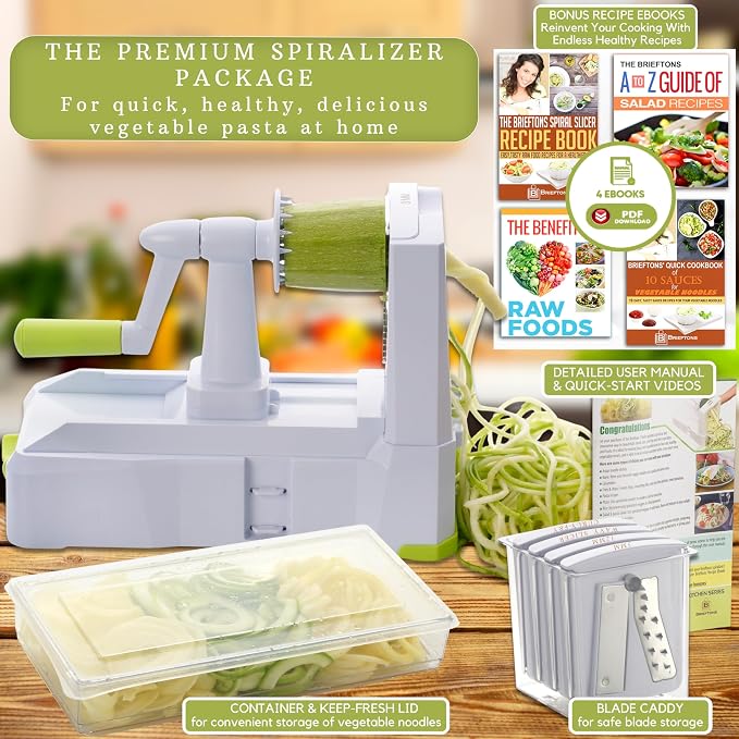 Brieftons 7-Blade Vegetable Spiralizer: Veggie Noodle Maker with Curly Fry & Crinkle Chip Blades, Catch Container, Keep-Fresh Lid, Blade Caddy, 4 eBooks | Low Carb, Vegan, Gluten-Free, Keto, Paleo