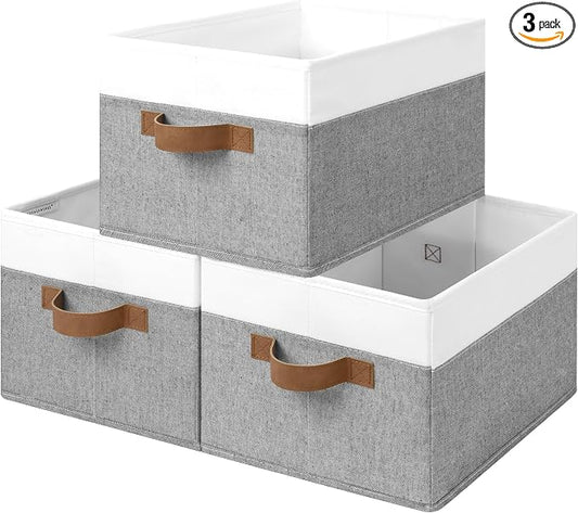 StorageWorks Fabric Shelf Baskets, Closet Organizers and Storage Basket, Foldable Storage Bins for Shelves, Clothes Storage Bins, Gray and White, 3-Pack, Large