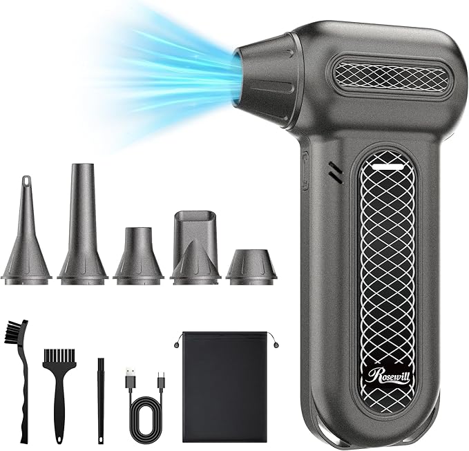 Rosewill Electric Air Duster - 130,000 RPM Super Power Cordless Compressed with Turbo Mode, 4-Gear Adjustable Mini Blower with Fast Charging, Inflation and Suction, Dust Blower for Computer, Keyboard