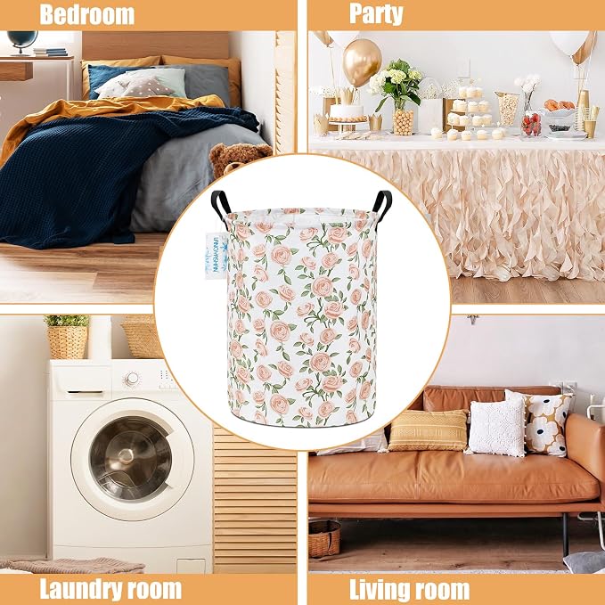 Round Laundry Basket Collapsible Storage Hamper Organizer Champagne Rose | Waterproof Canvas Foldable Baskets with sturdy Handles Multi-scene Organizer for Home Play Bedroom Gift Bin