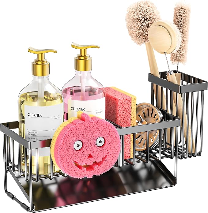 Cisily 8.26'' Sponge Holder for Kitchen Sink, Smiley Face Sink Caddy with Removable Brush Holder,Self-Draining Sponge Caddy for Sponge,Soap,Dish Brush,Scrubber,Kitchen Essentials and Gadgets