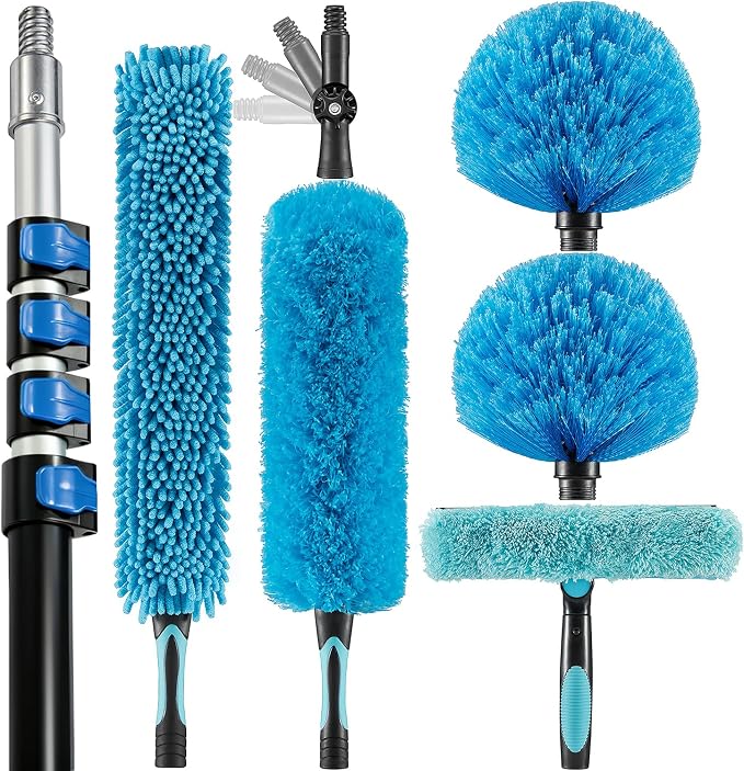 30 Foot High Ceiling Fan, Cobweb Duster with 6-24ft Extension Pole | Extendable, Reusable Feather, Window Cleaning Squeegee Kit