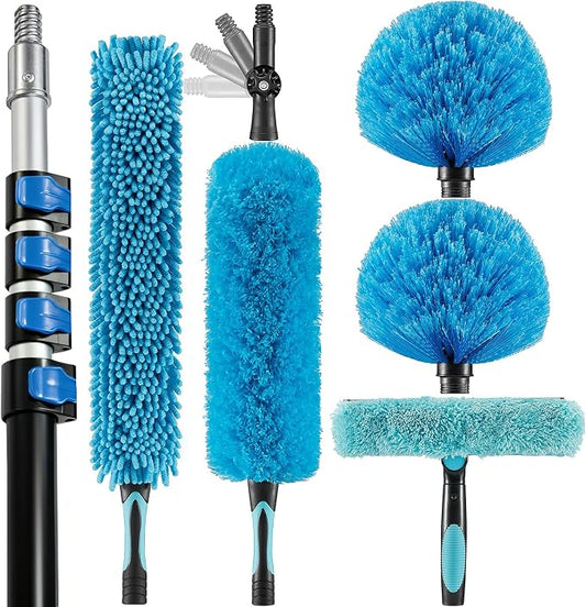 30 Foot High Ceiling Fan, Cobweb Duster with 6-24ft Extension Pole | Extendable, Reusable Feather, Window Cleaning Squeegee Kit