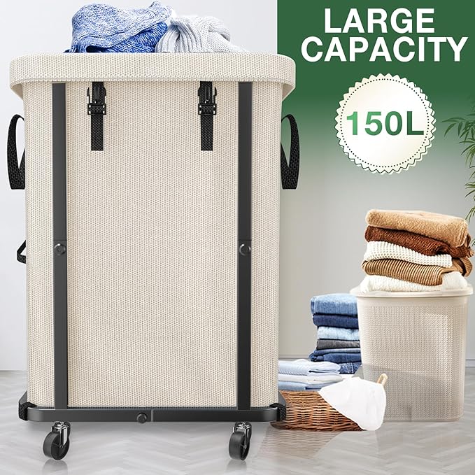 Laundry Basket with Lid, 150L Rolling Laundry Hamper with Wheels White | Dirty Clothes Hamper with Metal Frame and Removable Bag Design,Large Rolling Hampers for Laundry Room, Bedroom,Dorm