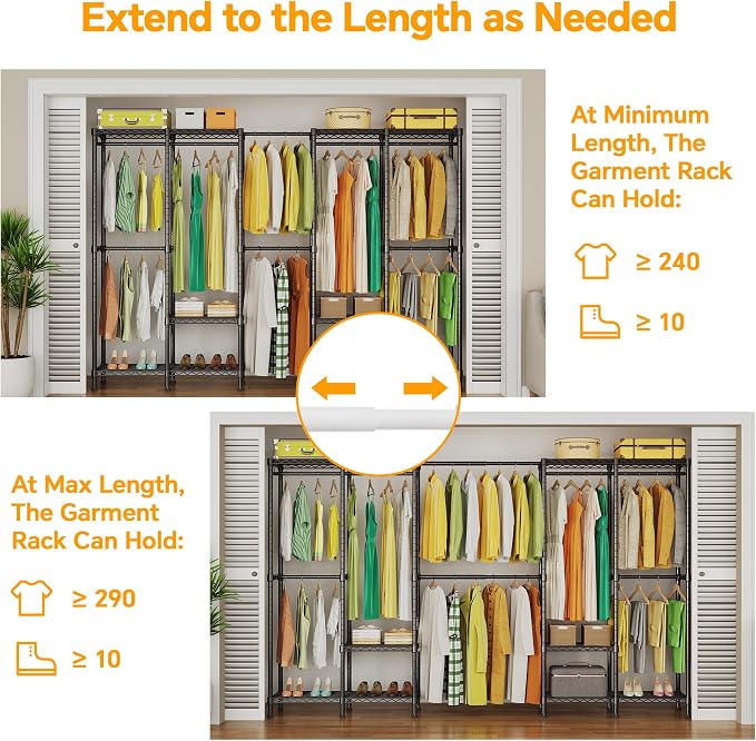 Higeego H5 Pro Heavy Duty Garment Rack, Freestanding Clothes Rack, Wardrobe Closet for Hanging Clothes, Portable Closet Organizer with Expandable Hanger Rods, (97.7-115.4")L x 15.7"W x 75.4"H, Black