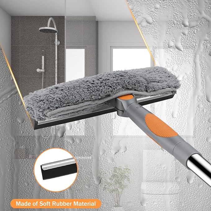 SetSail Window Squeegee with Extension Pole 2-in-1 Window Cleaning Kit Professional Window Cleaner Tool with Rotatable Head and 2 Scrubbers for Outdoor Indoor Car Windows Glass, Grey Orange