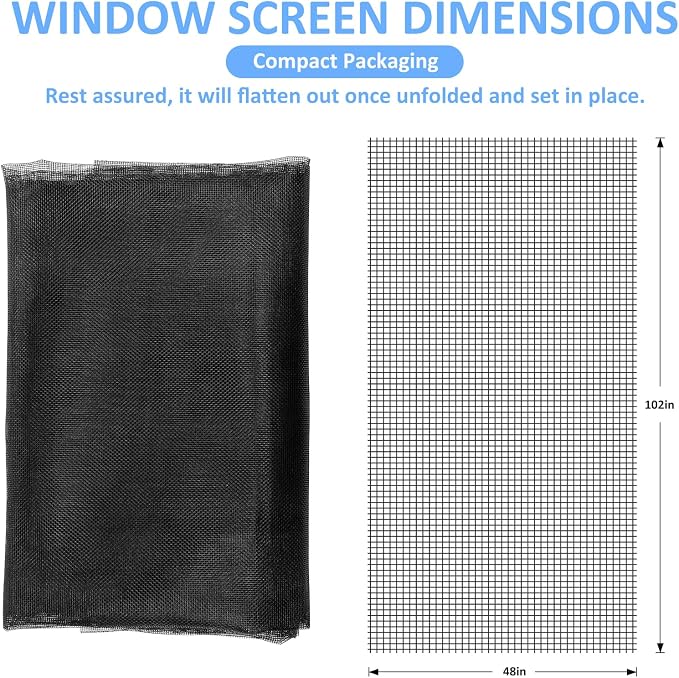 48"x102" Window Screen Mesh, Fiberglass Window Screen, Screen Door Mesh, Windows Screens and Screen Door Replacement, Patio Screen Mesh- Black