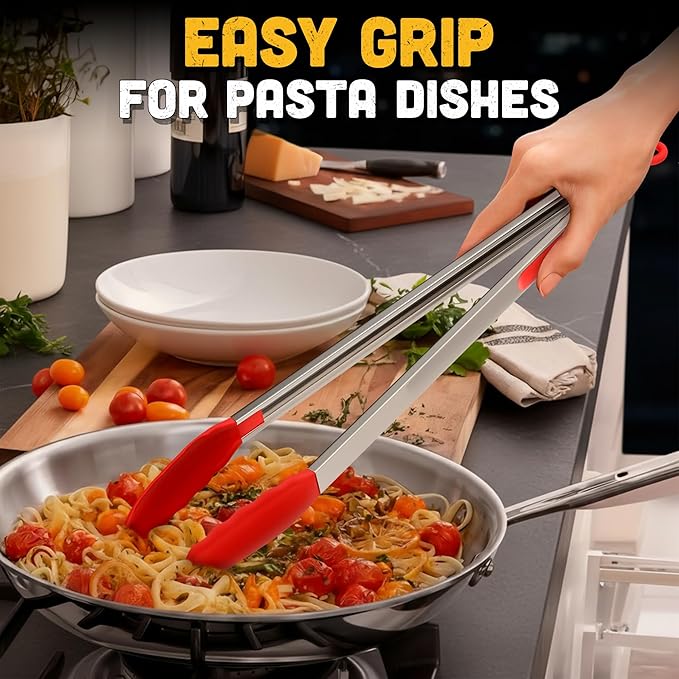 Salad Tongs - 17.3" Extra Long Tongs with Silicone Tip & Stainless Steel Frame for Salad Mixing & Serving, Safe Turning of Steaks, Burgers & Veggies - Easy-Lock Handle, Non-Slip Grip & Storage Loop