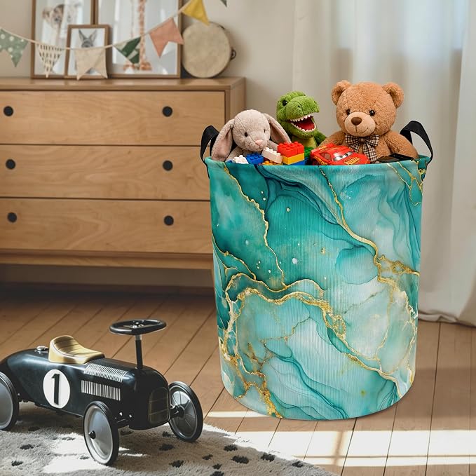 Turquoise and Gold Modern Abstract Laundry Basket with Handles, Luxury Marble Contemporary Collapsible Waterproof Laundry Hamper Clothes Storage Basket for Bedroom Bathroom Home