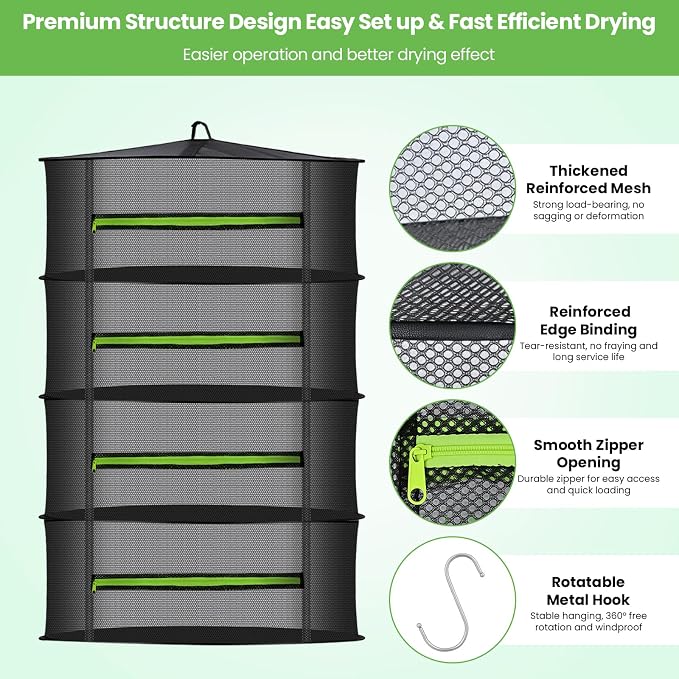 MEKOLIFE 4-Tier Herb Drying Rack Hanging Mesh | 23.62" mesh dryer with zipper, hooks and pruning shears, for indoor and outdoor herbs, seafood, flowers and plants