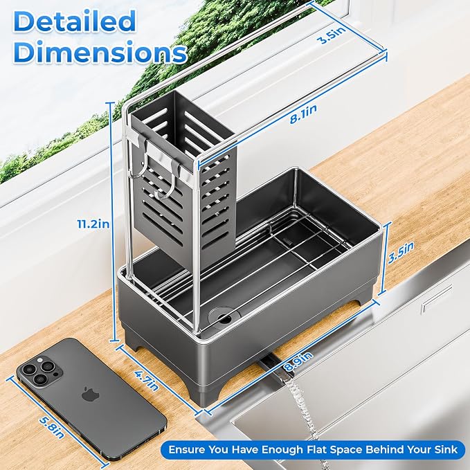 Stainless Steel Sink Caddy, Sponge Holder for Kitchen Sink with Brush Holder and Towel Rack, Sink Organizer for Countertop, Soap Dispenser Kitchen Organizers Storage Essentials(Gray)