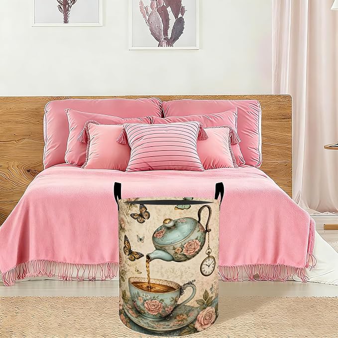 Vintage Floral Tea Laundry Basket Hamper 19.7"x15.8", Organizer Bins Gifts for Kids Boys Girls, Butterfly Teacup Foldable Waterproof Oxford Clothes Storage Bucket for Bedroom Bathroom Decor