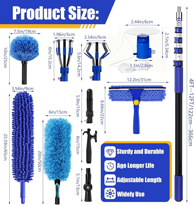 20FT Light Bulb Changer for High Ceilings Kit with Extension Pole Blue | Telescoping Lightbulb Changing Pole,Cobweb Brush Extendable Duster,Ceiling Fan Cleaner and Window Squeegee Cleaning