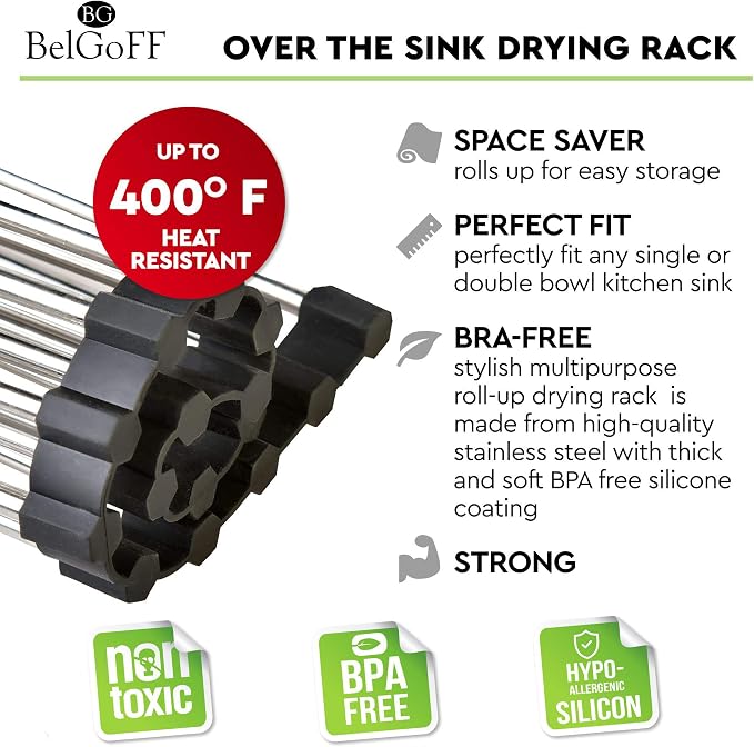 Roll Up Dish Drying Rack 17.7" x 16" - Over The Sink for Kitchen Counter, Foldable SUS304 Stainless Steel Dish Drying Rack for Cups, Utensils, Fruits, Vegetables