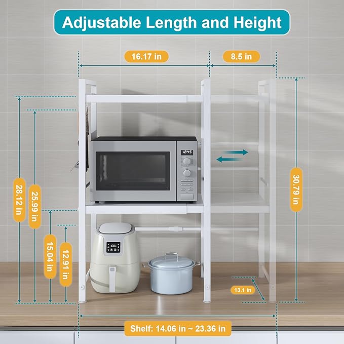 DOLALIKE Expandable Microwave Stand Kitchen Countertop Organizer, White | Adjustable Microwave Oven Rack Metal Storage Shelf with 3 Hooks for Pans Small Appliances Kitchen Utensils Tableware, 3-Ter