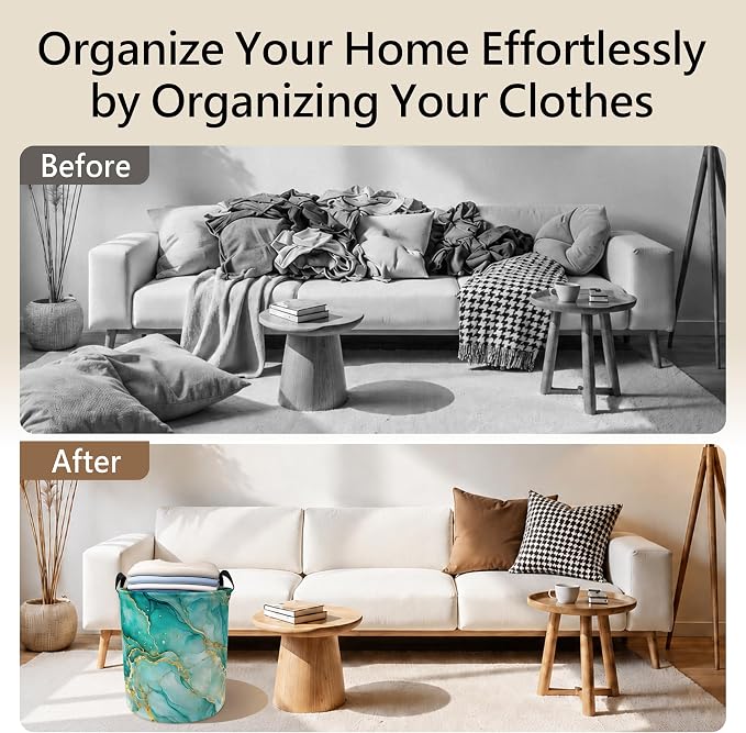 Turquoise and Gold Modern Abstract Laundry Basket with Handles, Luxury Marble Contemporary Collapsible Waterproof Laundry Hamper Clothes Storage Basket for Bedroom Bathroom Home