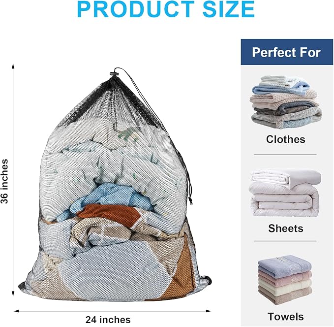Large Mesh Laundry Bags: 2 Pack 24" x 36" Heavy Duty | Soft Breathable, Machine Washable, For College Dorm, Travel Family Use, Black