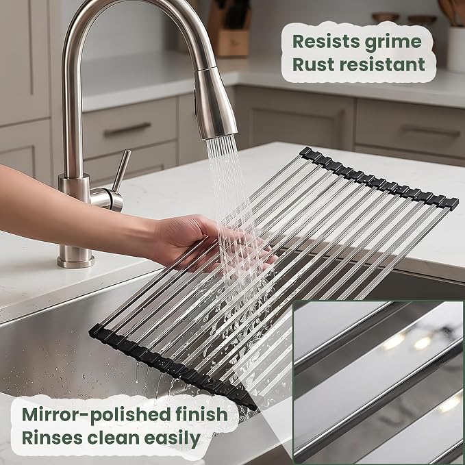 Roll Up Dish Drying Rack Over the Sink 304 Stainless Steel Kitchen Drainer | Durable and Rust Proof, Support Heavy Load, Easy to Clean, Foldable, Space Saving, Anti-Slip, Multipurpose, 17 x 13 Inches