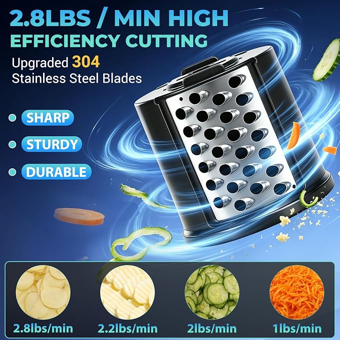 6-IN-1 Electric Cheese Grater Stainless Steel 800W, [3S Efficient Cutting], Heavy Duty Electric Cheese Grater for Block Cheese, Parmesan, Vegetable, Ice Shave（Silver）