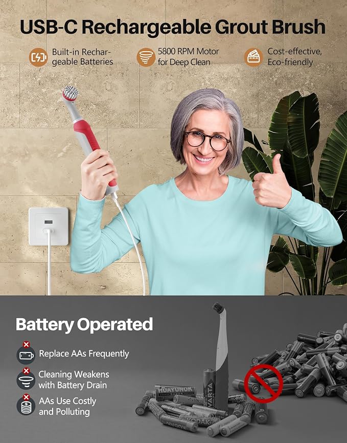 kHelfer Rechargeable Electric Grout Brush, IPX7 Waterproof & Stainless Steel Wire Power Brush, Cordless Cleaning Brush & 5 Replacement Heads for Tile Grout Crevice