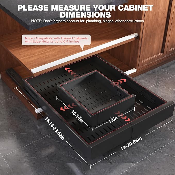 Seinloes 4 Pack Pull Out Cabinet Organizer Expandable Width(13"-21") and Depth(17"-24"),Slide Out Drawers With Raising Pad for Framed Cabinets,No Drill Roll Out Shelves for kitchen,Bathroom,Black