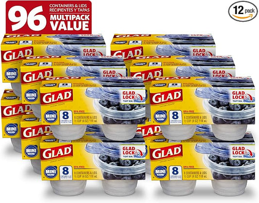 Glad GladWare Mini Round Food Storage Containers with Lids, Small BPA Free Reusable Plastic Snack Containers with Lock Tight Seal for Lunch, Portion Control, and On the Go, 4 Oz, 8 Count - 12 Pack
