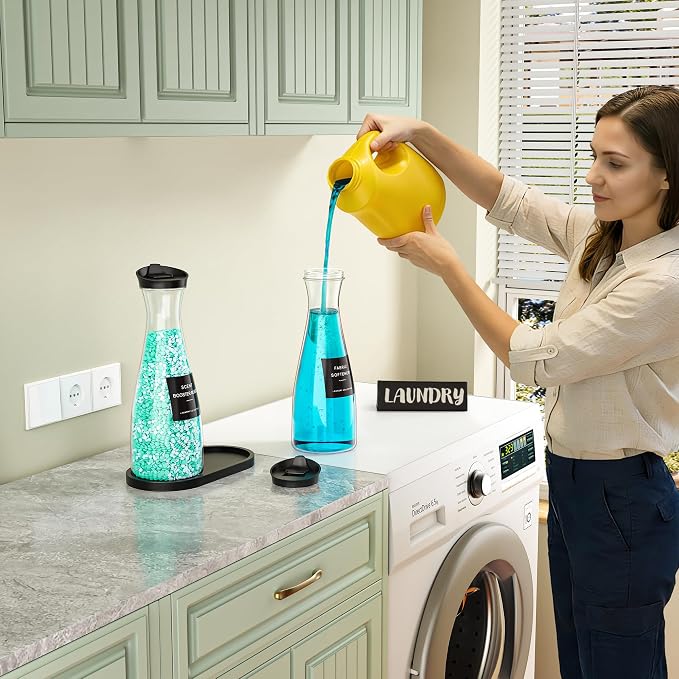 2 Pack Laundry Detergent Dispenser Container, 54OZ Laundry Soap Dispenser | with Tray, Black Laundry Room Organization for Powder, and Fabric Softener