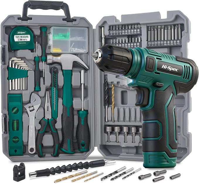 Hi-Spec 8V USB Power Drill Driver and Home Tool Kit with Toolbox Set, Green | Faster holes and Screwdriving, Bit accessories, Compact carry storage, Home setup help, Quick repair and maintenace