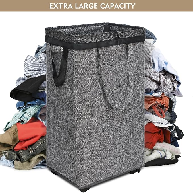 DOKEHOM 90L X-Large Rolling Laundry Basket Hamper on Wheels, Grey | Collapsible clothes hamper with removable mesh wash bag. High-capacity foldable washing bin organizer