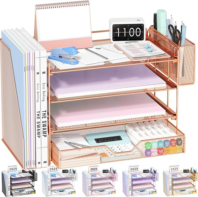 OPNICE Desk Organizer, 4-Tier Desktop File Organizer with Drawer and Pen Holders, Office Desk Accessories, File Sorters, Workspace Organizers for Office Supplies(Rose Gold - Metal Pen Holder)