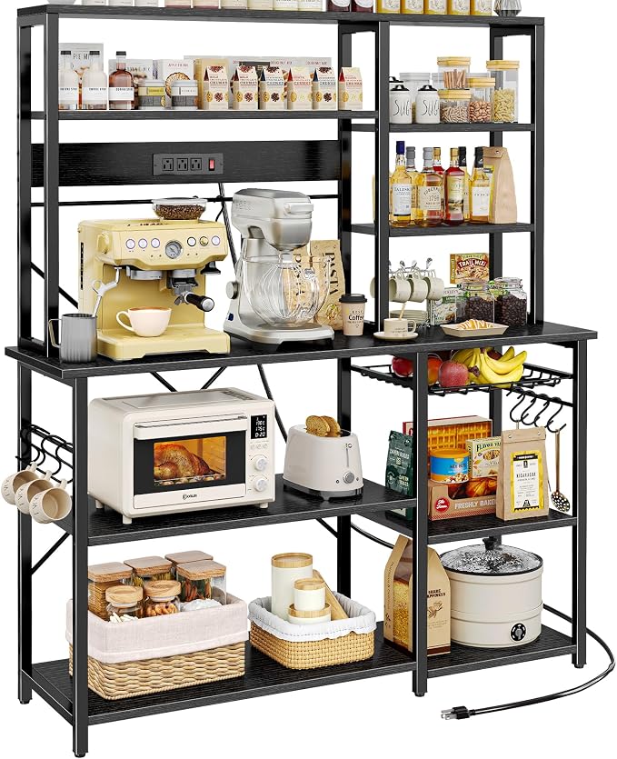 SUPERJARE Larger Bakers Rack with Power Outlets, 6-Tier Microwave Stand, Coffee Bar with 12 S-Shaped Hooks, Kitchen Shelf with Wire Basket, 47.2 x 15.5X 66.9 Inches, Black
